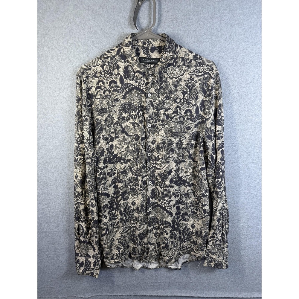 Zara Man Shirt Mens Medium Beige Black Floral Button Up Long Sleeve Casual